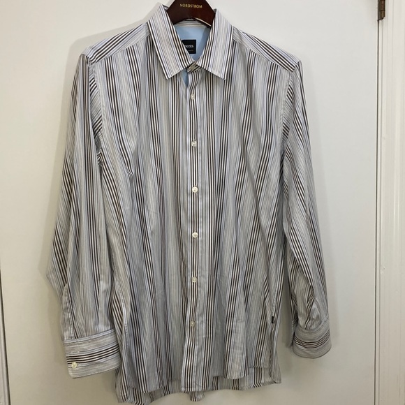 Hugo Boss Men's Dress Shirt Turkish Cotton Stripes White/Blue/Gray Size 16/33 - Picture 2 of 9
